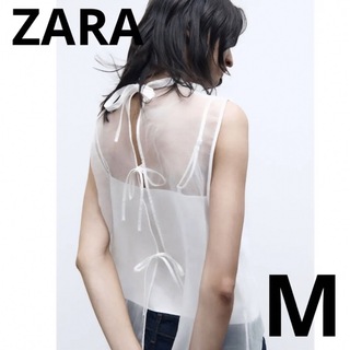 ザラ(ZARA)のZARA 新品未使用　ノースリーブ　オーガンザトップス M ウエディング(シャツ/ブラウス(半袖/袖なし))