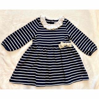 プチバトー(PETIT BATEAU)のプチバトー ボーダーワンピース 24M 86センチ ネイビー 紺 フリル(ワンピース)