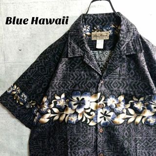 【個性派古着】Hawaii製 ハイビスカス 幾何学柄 アロハシャツ 黒×紫 L(シャツ)