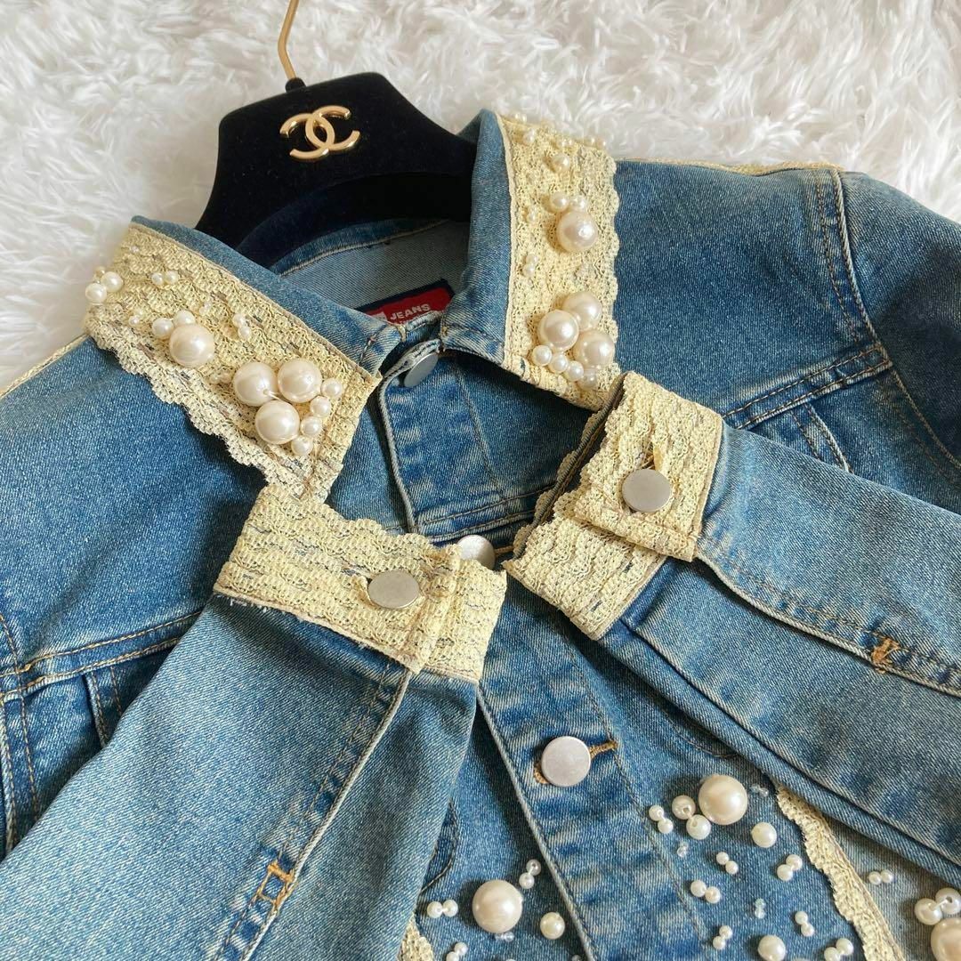 【特価品】　JEANS　豪華パールレースデニムジャケット　オシャレGジャン　S レディースのジャケット/アウター(Gジャン/デニムジャケット)の商品写真