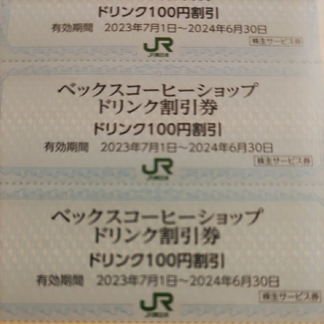 JR(ジェイアール)のＪＲ東日本優待券のベックスコーヒー100円割引券18枚300円 チケットの優待券/割引券(フード/ドリンク券)の商品写真