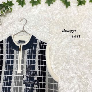 ニットベスト　柄ベスト　デザイン　総柄　オシャレ　肉厚　刺繍　アニマル　古着(ベスト)