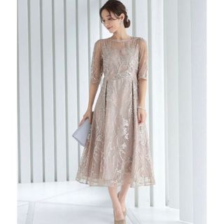 PREFERIR - バンドカラー カットワークレース 結婚式 パーティ ロング