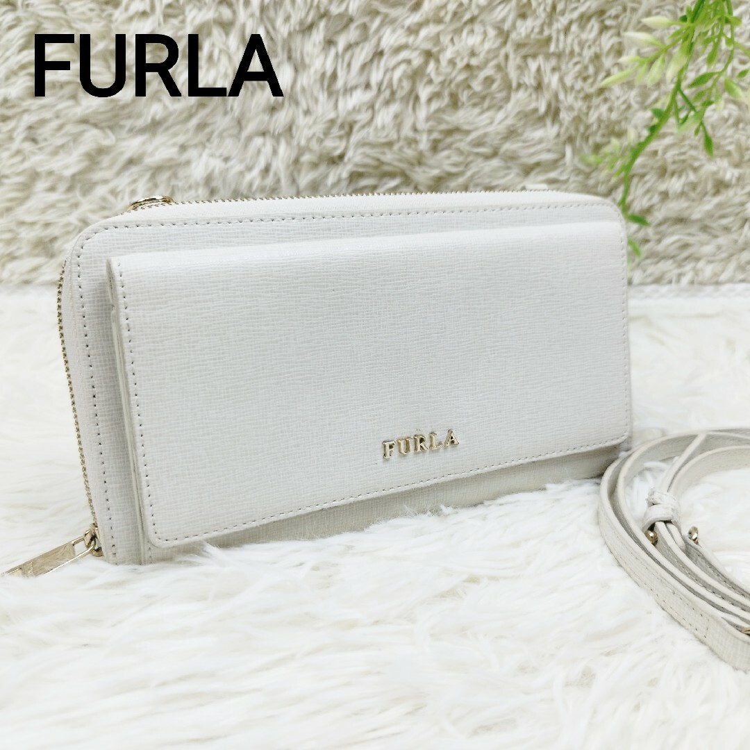 【美品】FURLA フルラ ショルダーウォレット 長財布 サフィアーノ ホワイト