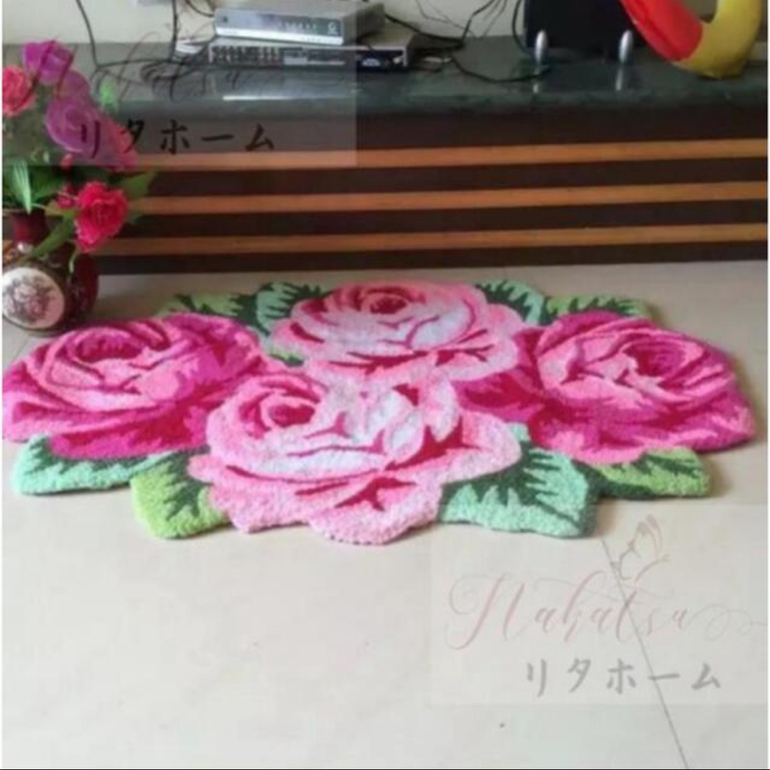 ラグマット リビングマット バラ玄関マット．カーペット薔薇雑貨 ピンク薔薇