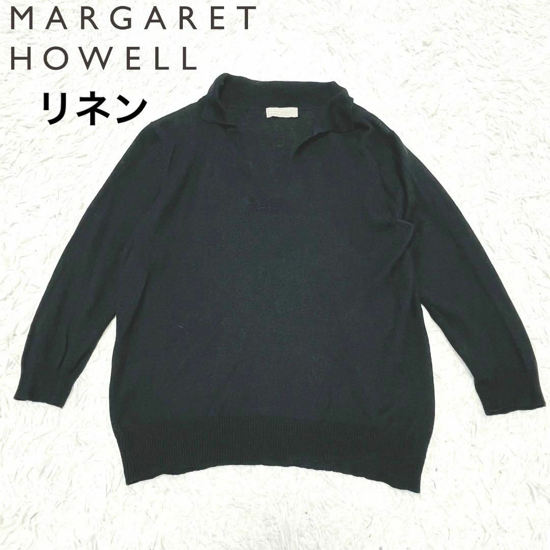 MARGARET HOWELL(マーガレットハウエル)のマーガレットハウエル　リネン混　ニット　七分丈　ポロシャツ レディースのトップス(Tシャツ(長袖/七分))の商品写真