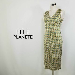 エルプラネット(ELLE PLANETE)のエルプラネット美シルエット幾何学模様Vネックノースリーブワンピース40サイズL(ロングワンピース/マキシワンピース)