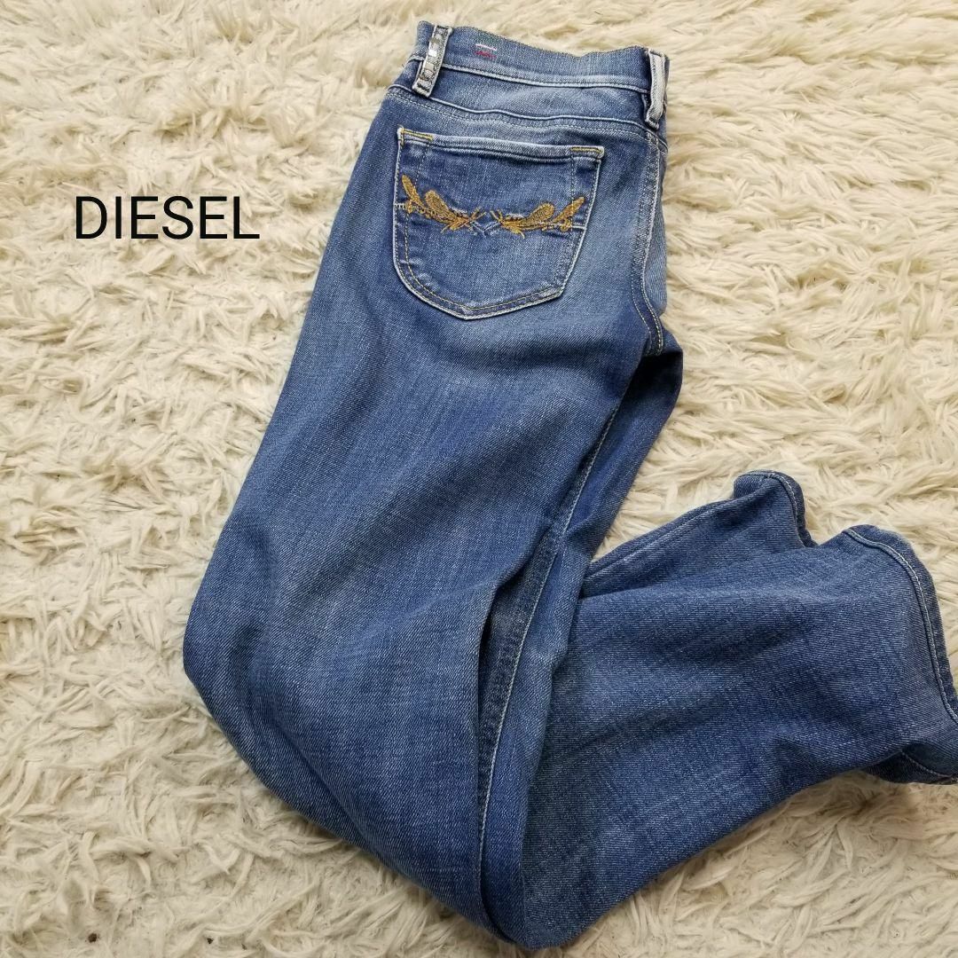 イタリア製DIESEL LIV刺繍ユーズド加工ストレッチデニムW25L32濃紺