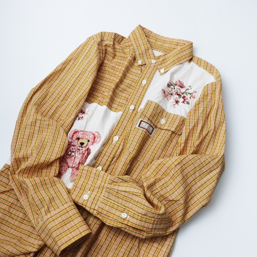 カールヘルム Karl Helmut 美品 2021SS 桜テディ刺繍 チェックボタンダウンシャツ 3（M)/ベージュ系 メンズ【2400013501989】