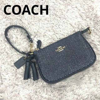 コーチ(COACH)の⭐COACH⭐コーチ⭐新品 ストローハンドバッグ タッセル ch215ネイビー(クラッチバッグ)