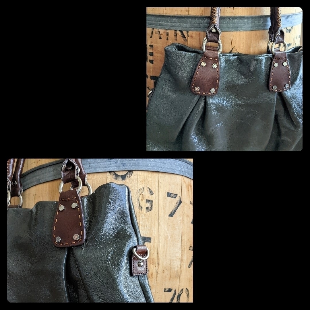 Hanaa-fu(ハナアフ)のハナアフ 本革  レザーバッグ ダークグレー✕茶 レディースのバッグ(トートバッグ)の商品写真