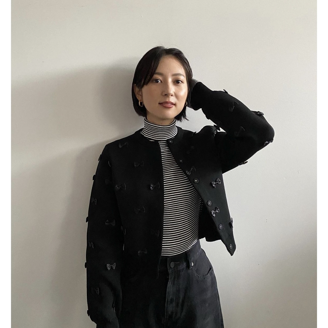 Ameri MANY RIBBON SHORT KNIT TOP ブラック M