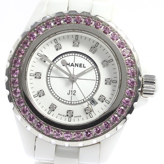 シャネル(CHANEL)のシャネル CHANEL H2010 J12 ピンクサファイアベゼル 白セラミック 12Pダイヤ クォーツ レディース _765545(腕時計)