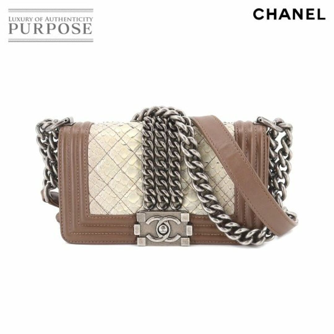 CHANEL ボーイシャネル チェーン ショルダー バッグ パイソン レザー ベージュ ブラウン ヴィンテージシルバー 金具 VLP 90201220