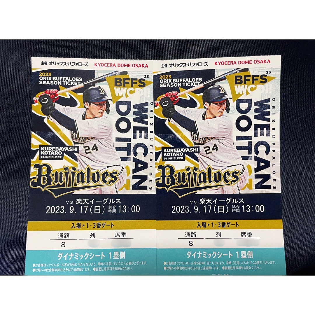 9月17日(日)オリックスvs(京セラドーム大阪)通路側含むペアチケット