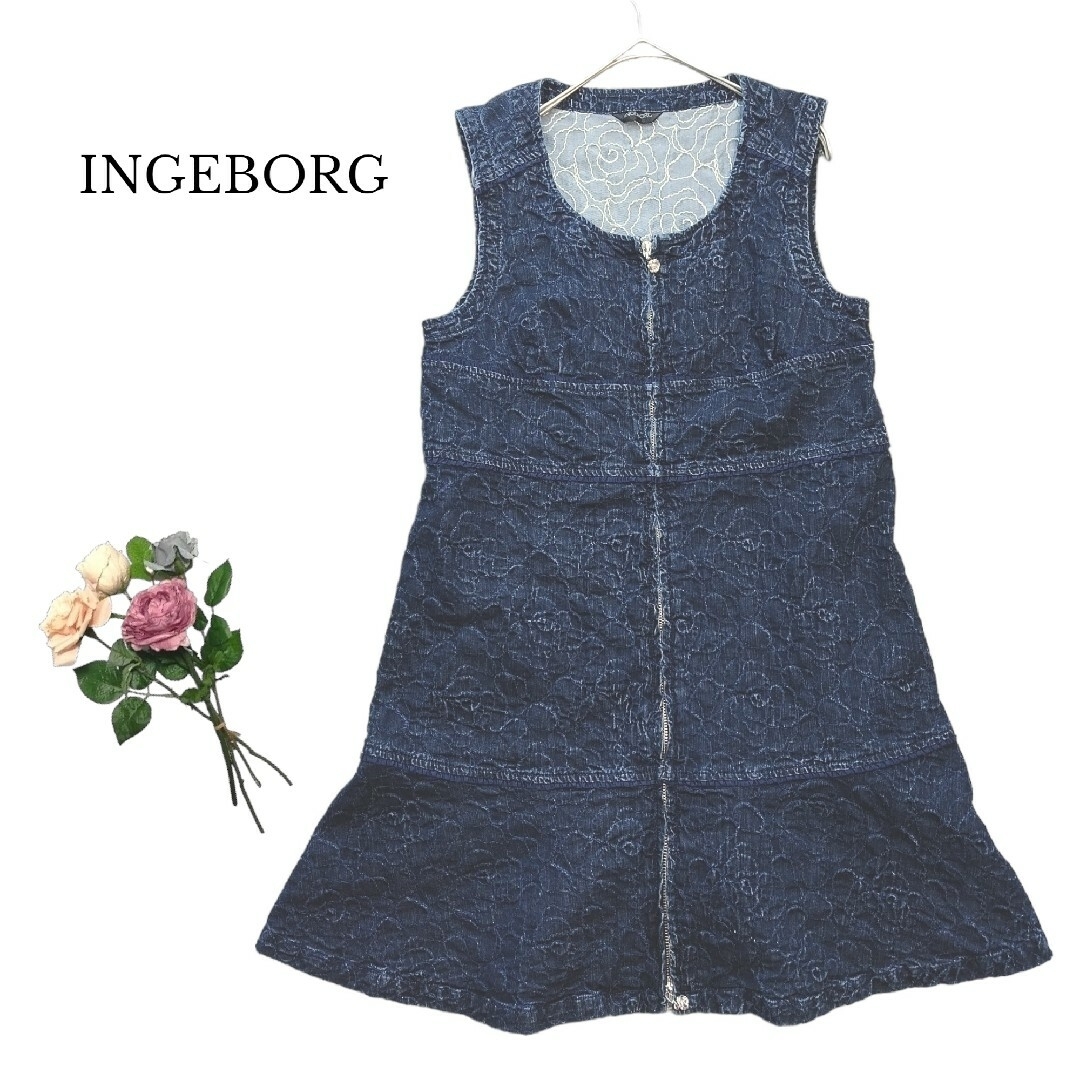 美品 INGEBORG デニム 膝丈ワンピース 9号 薔薇刺繍 ノースリーブ 綿