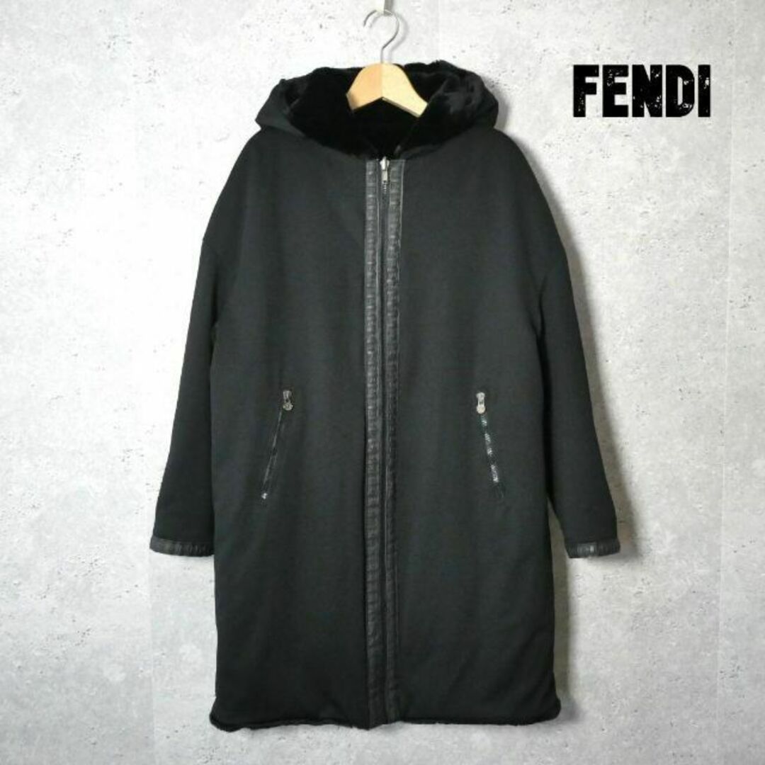 極美品 FENDI ズッカ柄 リバーシブル ロングコート フーデッドコート