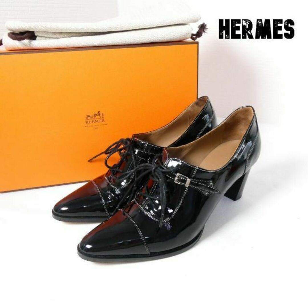 美品 Hermes エナメル ステッチ チャンキーヒール ブーティ