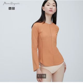 ユニクロ(UNIQLO)のUNIQLO ✖️ mame  シアークルーネックT  ブラウン　サイズM(カットソー(長袖/七分))