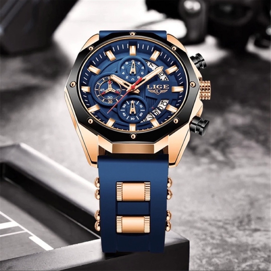 新品 LIGE クロノグラフ ウォッチ メンズ腕時計 ネイビー＆ゴールド8908