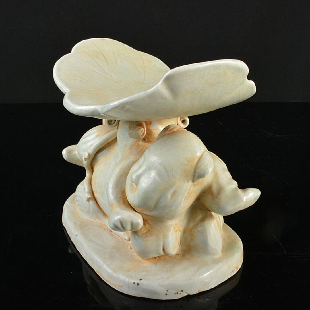 中国 粉青釉 蓮に唐子 枕 置物 V R6278 工芸品