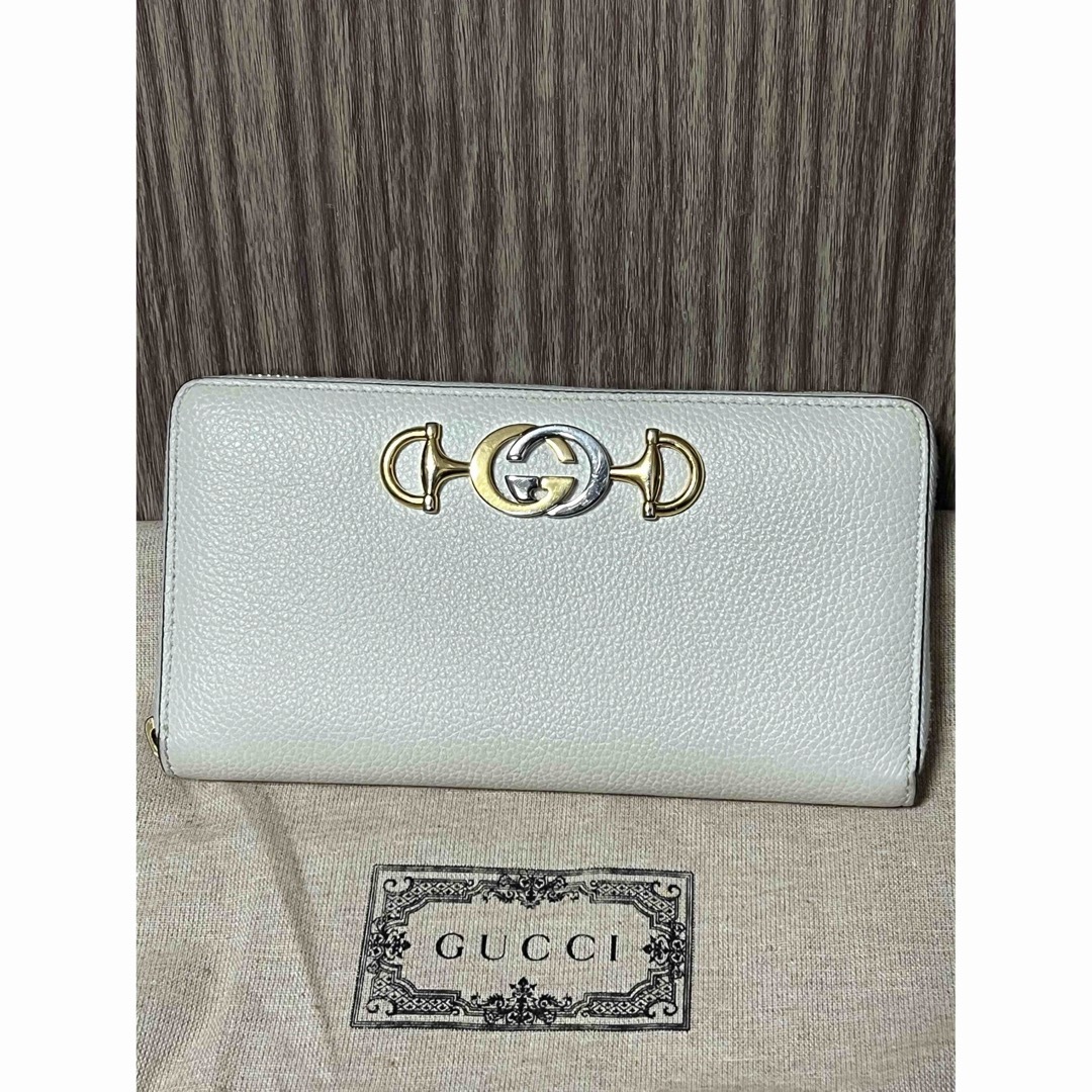美品 GUCCI 長財布 ズゥミ ラウンドファスナー アイボリー 箱巾着付き