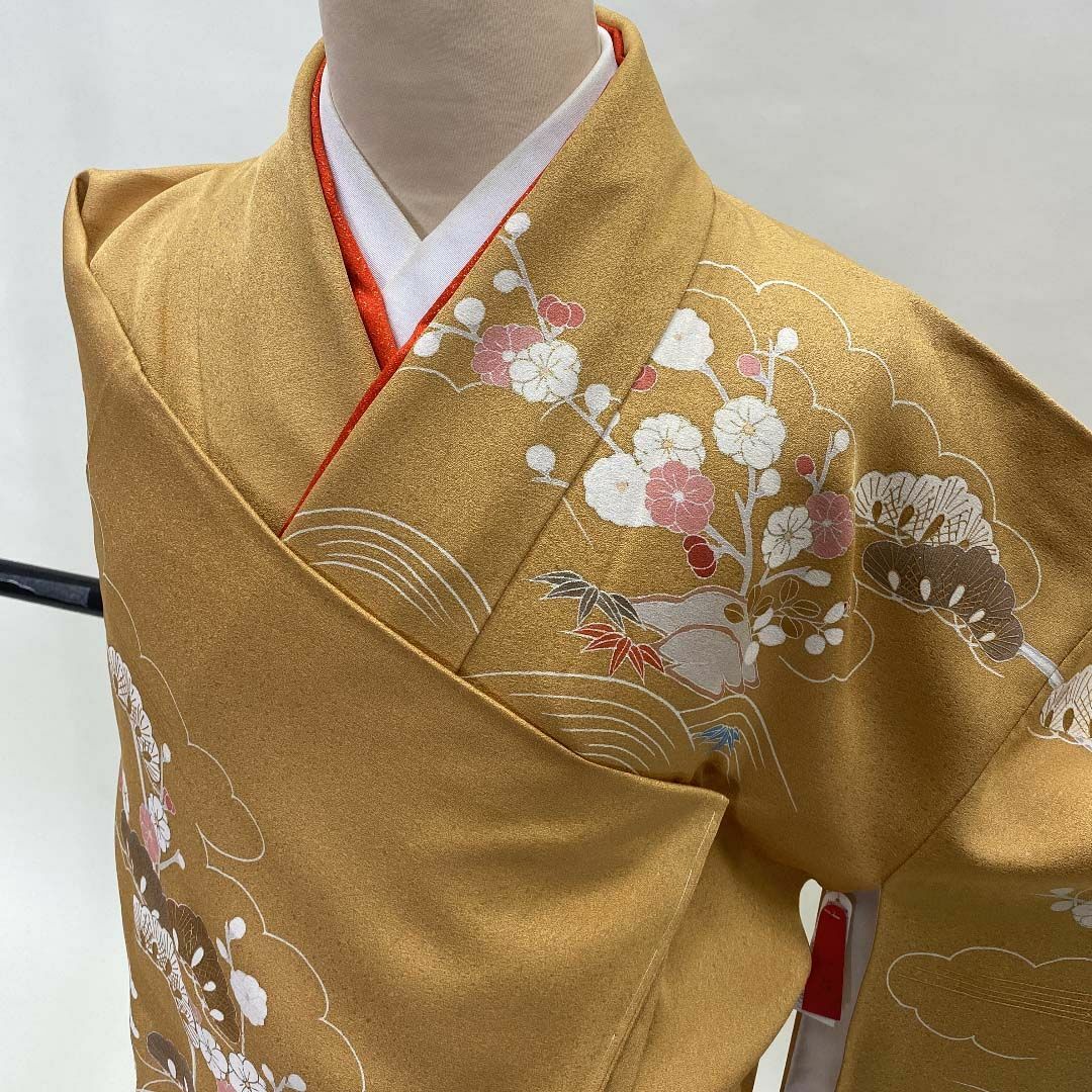 訪問着 正絹 からし 黄色 松 花柄 入学式 結婚式 裄丈66.5cmI-12