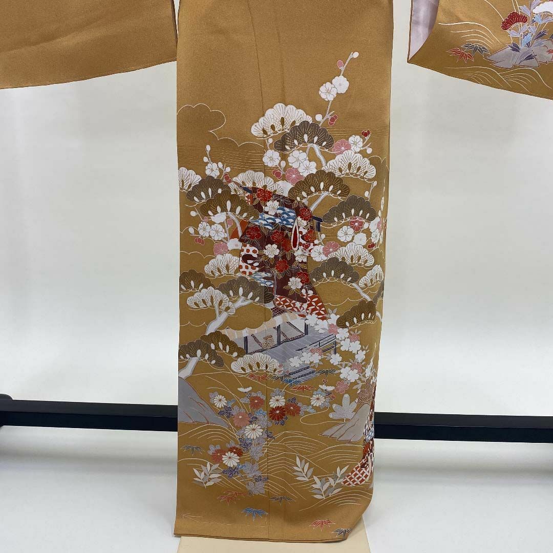 訪問着 正絹 からし 黄色 松 花柄 入学式 結婚式 裄丈66.5cmI-12