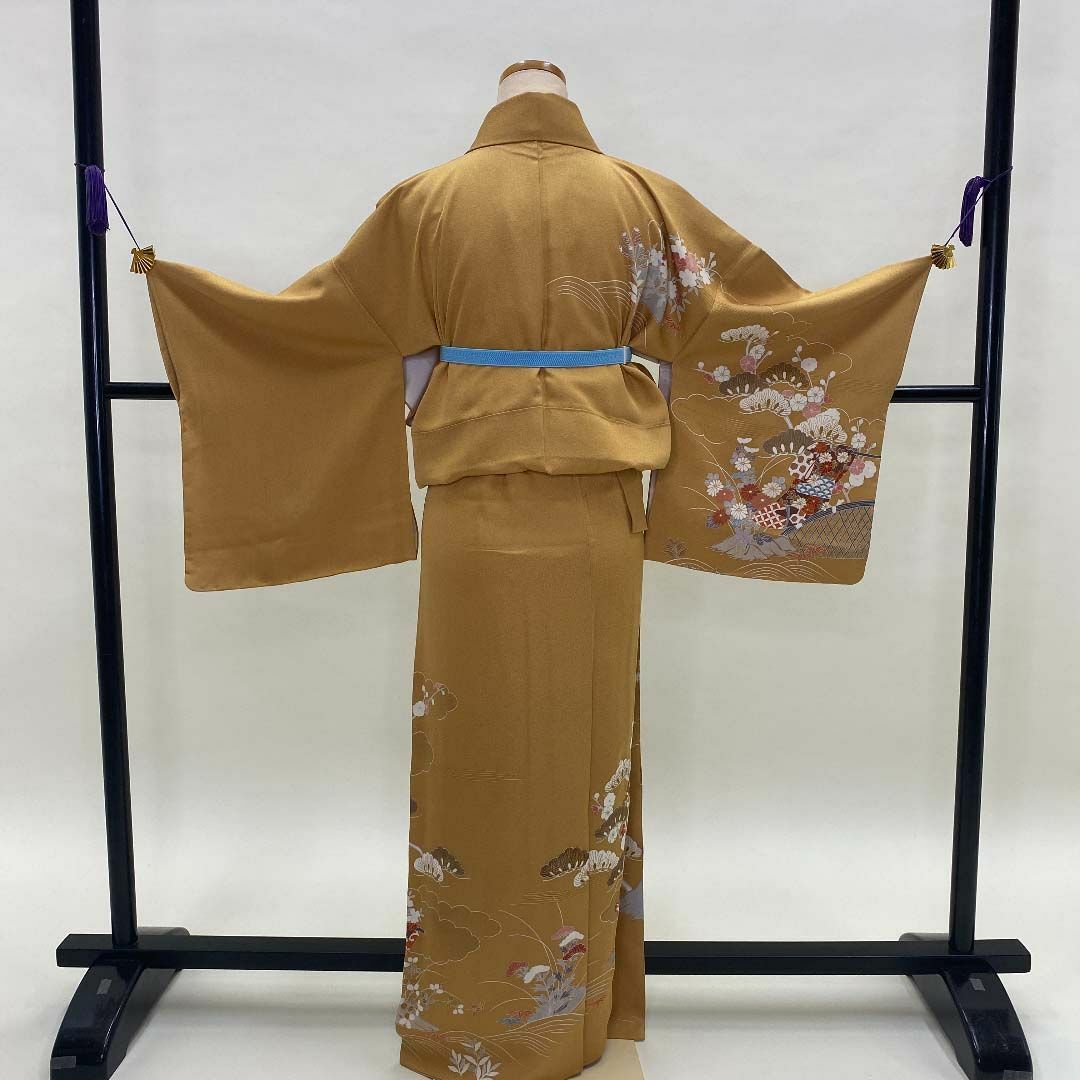 訪問着 正絹 からし 黄色 松 花柄 入学式 結婚式 裄丈66.5cmI-12