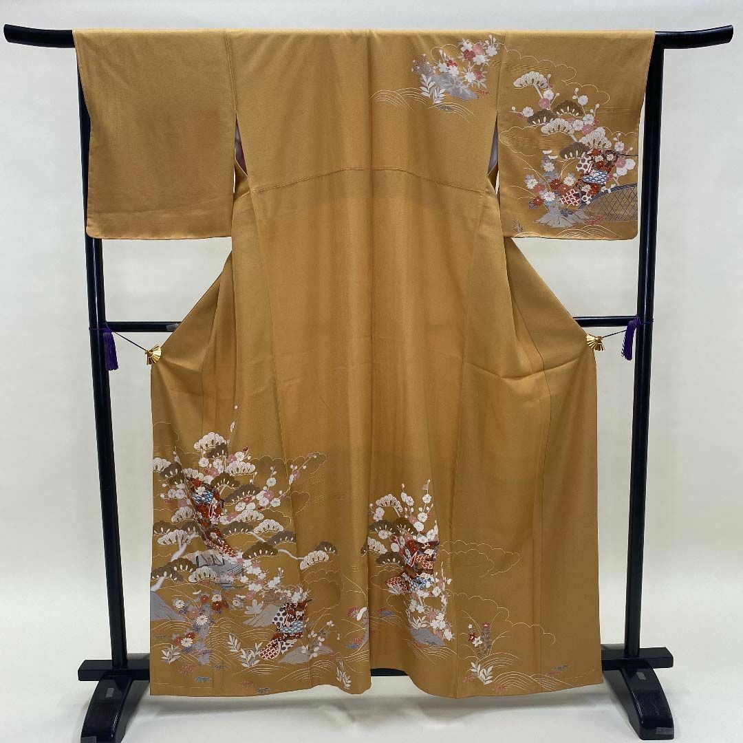 訪問着 正絹 からし 黄色 松 花柄 入学式 結婚式 裄丈66.5cmI-12