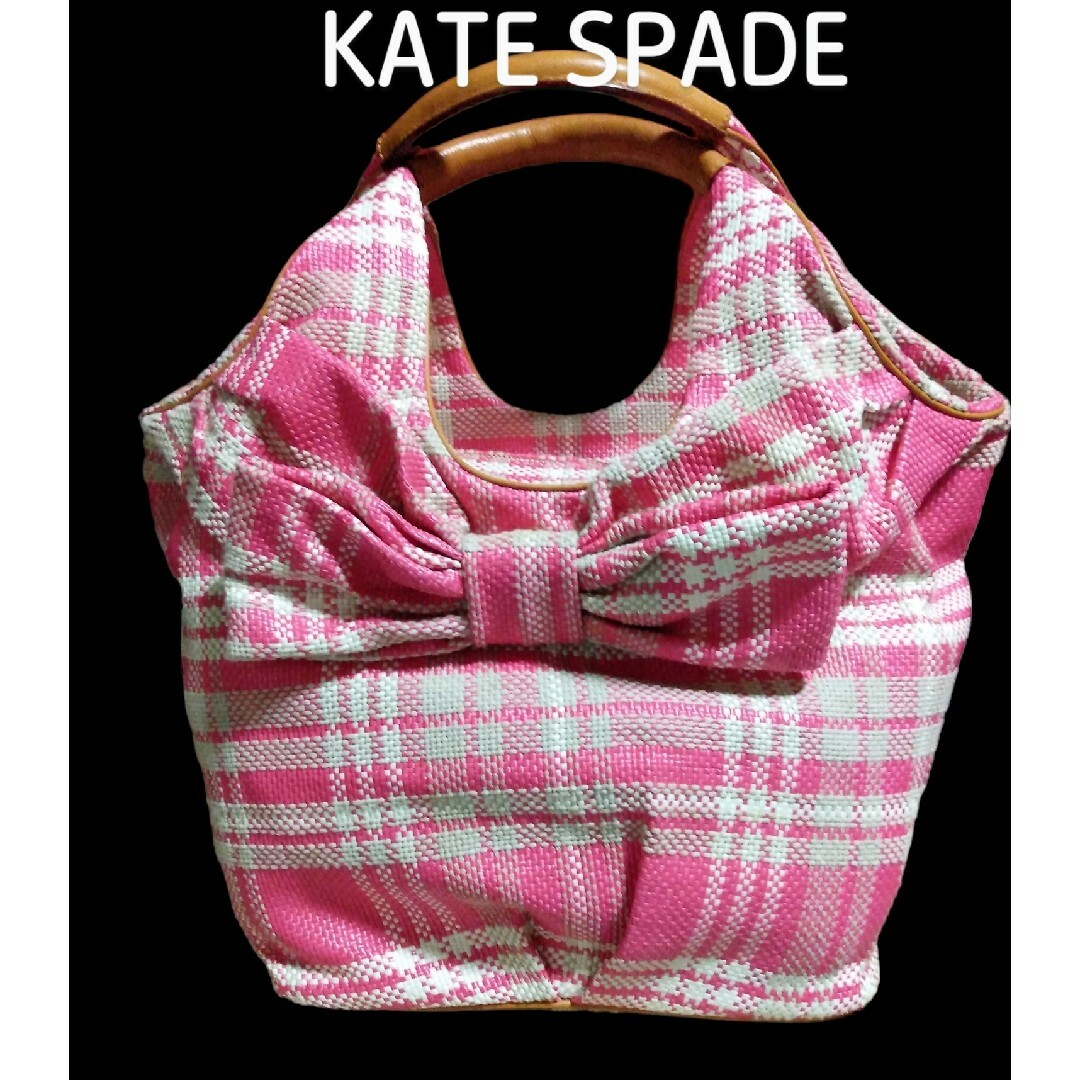 kate spade new york(ケイトスペードニューヨーク)のケイトスペードチェック柄リボントートバッグ美品数回使用ピンク系 レディースのバッグ(トートバッグ)の商品写真