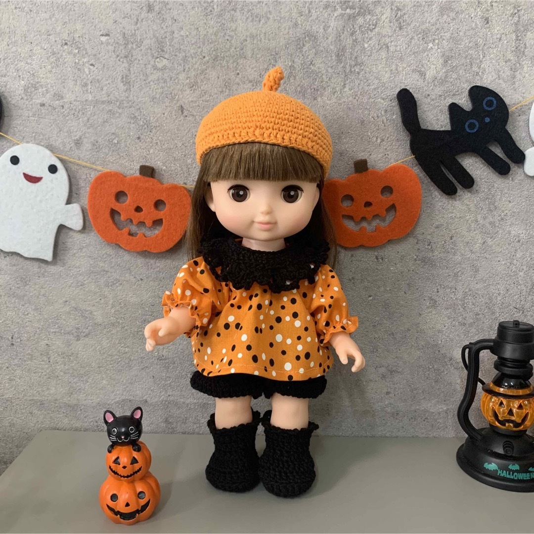 【ハロウィン限定】ソラン レミン メルちゃんの服&帽子4点セットドット オレンジ ハンドメイドのぬいぐるみ/人形(人形)の商品写真