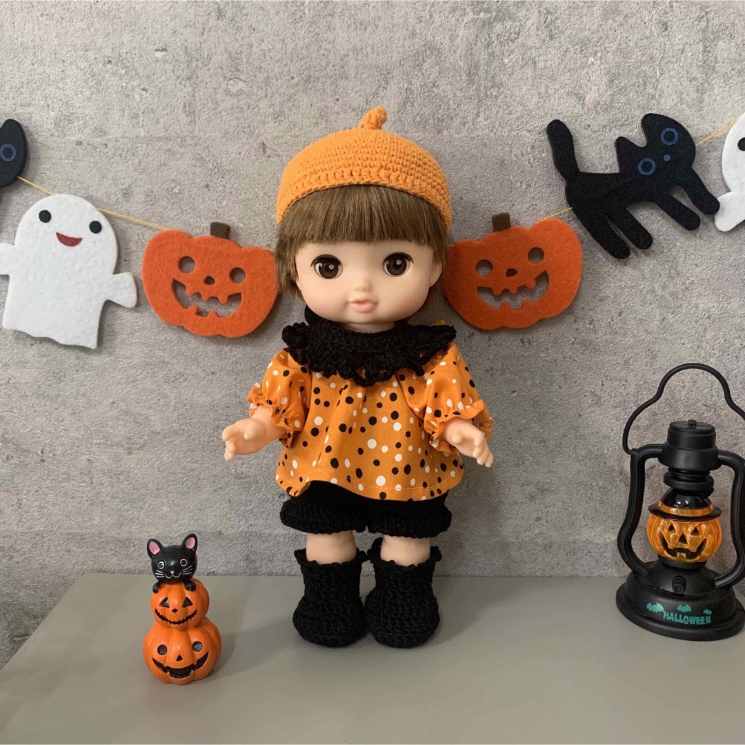 【ハロウィン限定】ソラン レミン メルちゃんの服&帽子4点セットドット オレンジ ハンドメイドのぬいぐるみ/人形(人形)の商品写真