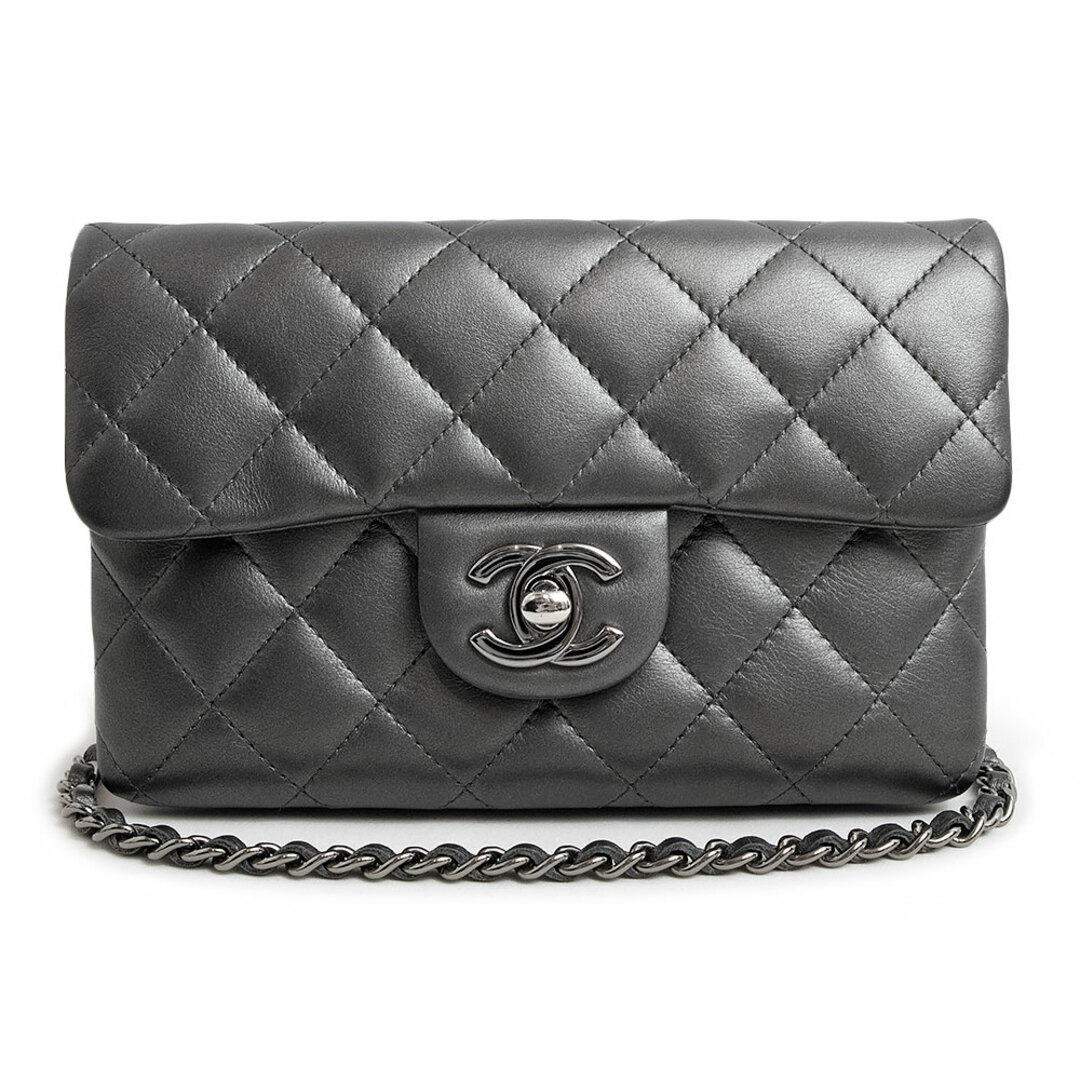 シャネル マトラッセ チェーン ミニショルダーバッグ 斜め掛け ラムスキン レザー メタルグレー シルバー金具 CHANEL（美品）