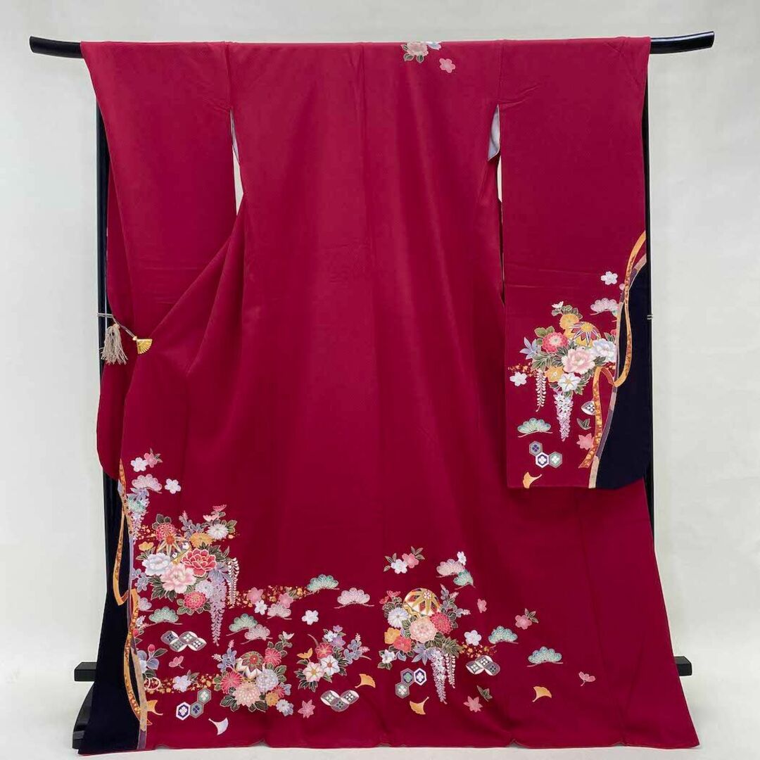 振袖 正絹 花柄 赤 エンジン 黒 花柄 裄68.5㎝ 成人式 ab-65 - 振袖