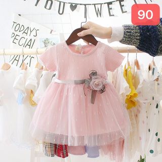 新品90cm   短袖　チュールワンピース ピンク　女の子(ワンピース)