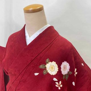 振袖 正絹 花柄 赤 紺 白 花柄 裄66㎝ 成人式 中古 ab-56