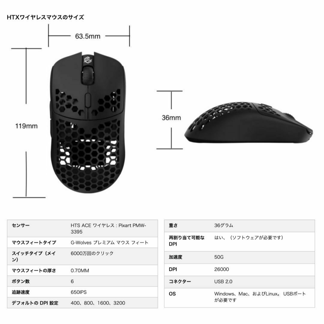 GWolves HTX ACE ゲーミングマウス ワイヤレス 36g 軽量無線の通販 by