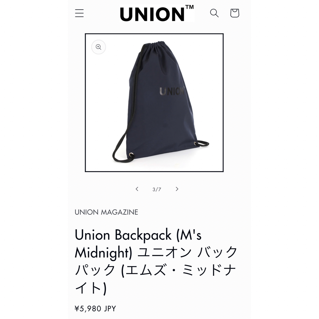 ●未使用●UNION バックパック ナップサック 完売 レディースのバッグ(リュック/バックパック)の商品写真
