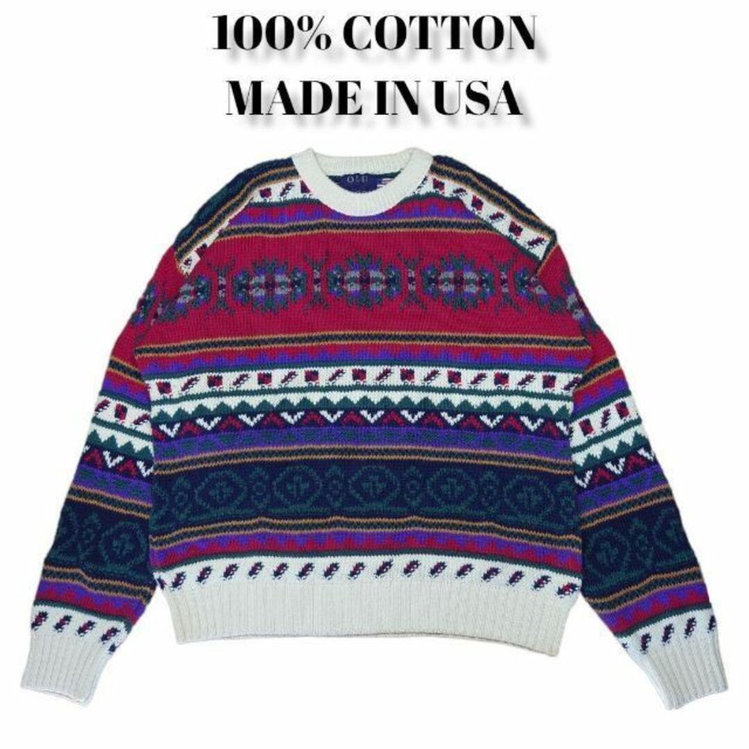 良デザイン　総柄 ニットセーター　　USA製　COTTON100%