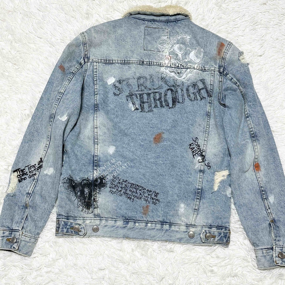 美品 ZARA ザラ デニム ボア ジャケット ペイント ダメージ 加工 英字