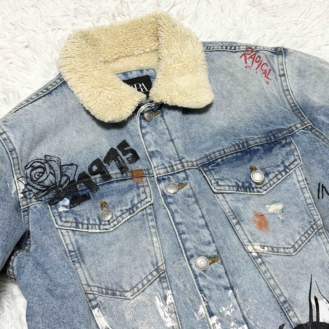 美品 ZARA ザラ デニム ボア ジャケット ペイント ダメージ 加工 英字