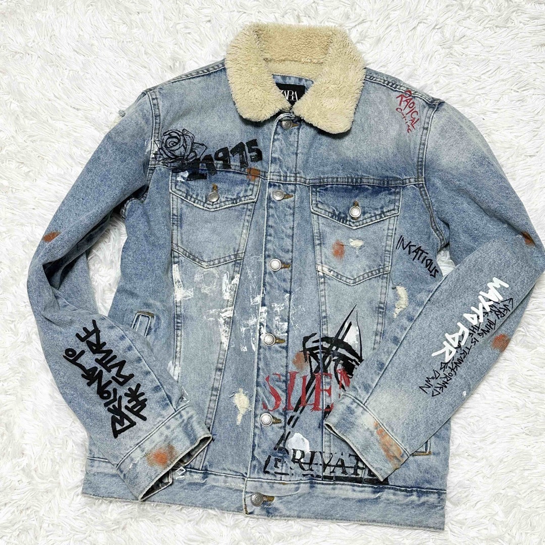 美品 ZARA ザラ デニム ボア ジャケット ペイント ダメージ 加工 英字 | フリマアプリ ラクマ