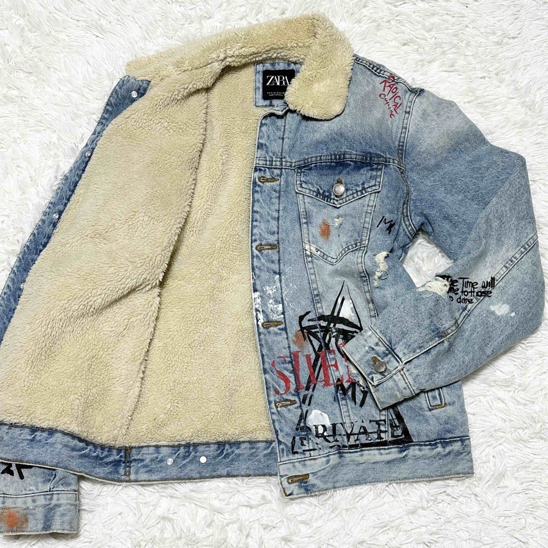 美品 ZARA ザラ デニム ボア ジャケット ペイント ダメージ 加工 英字