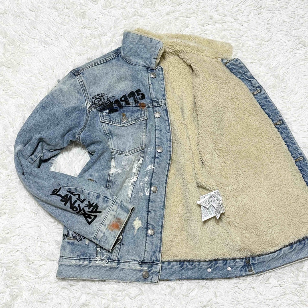美品 ZARA ザラ デニム ボア ジャケット ペイント ダメージ 加工 英字