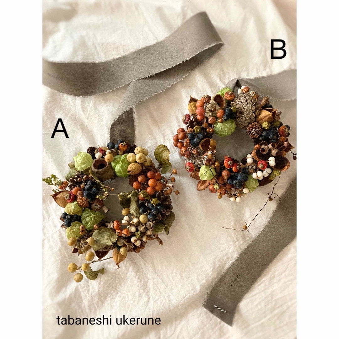 手のひらで秋を嗜む 数種類の実物を丁寧に紡いだ 木ノ実の リース ドライフラワー ハンドメイドのフラワー/ガーデン(リース)の商品写真