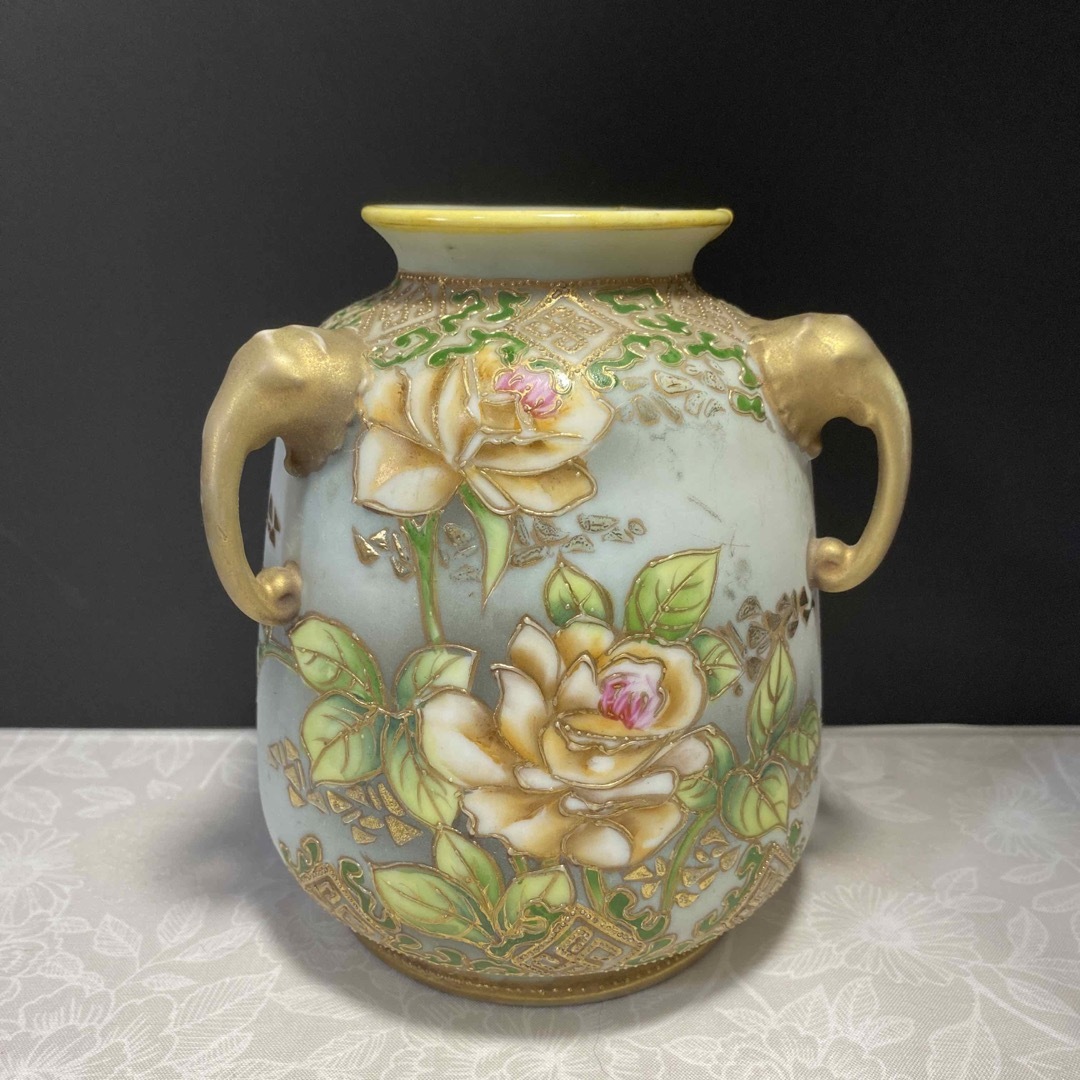 オールド ノリタケ 花瓶 薔薇絵 金盛り エナメル ジュエル フラワーベース-