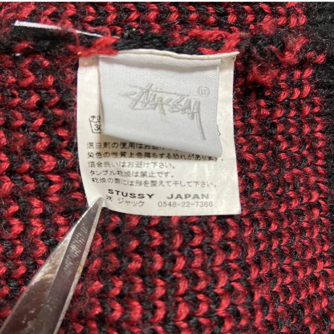 【千鳥格子柄デザイン◎】stussy総柄セーター古着ニット 赤黒 ストリートM