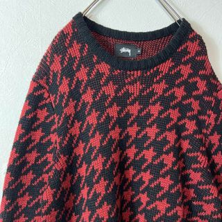 千鳥格子柄デザイン◎】stussy総柄セーターニット 赤黒 ストリートM-s