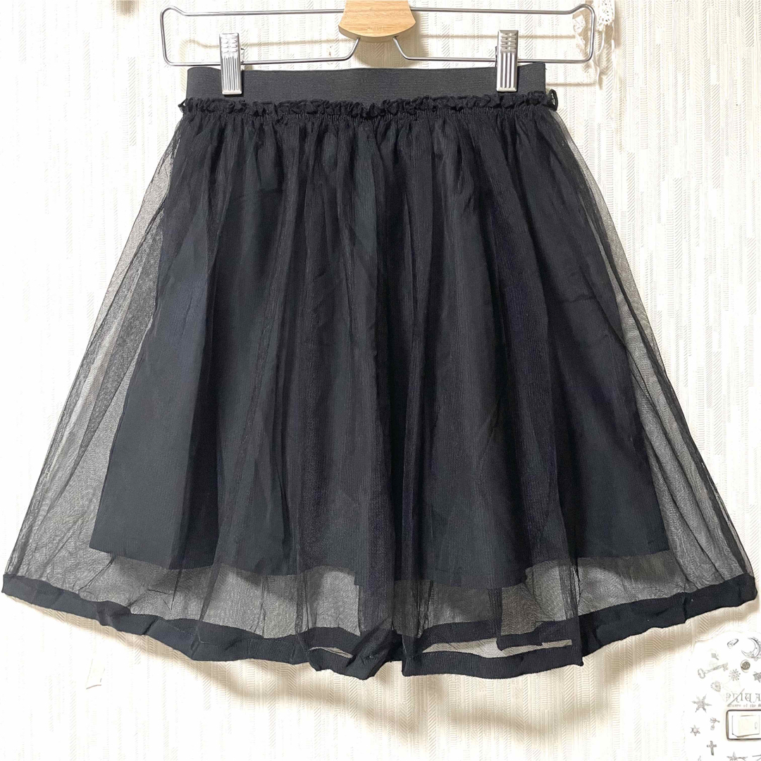 E hyphen world gallery(イーハイフンワールドギャラリー)のチュールフレアスカート ブラック フレンチガーリー 量産型 地雷系 可愛い 黒色 レディースのスカート(ひざ丈スカート)の商品写真
